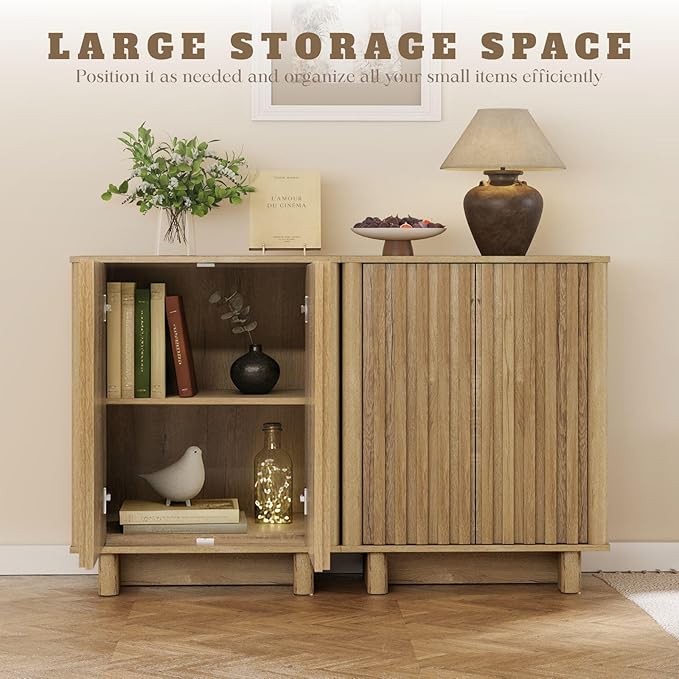 LukeAlon Fluted Sideboard Cabinet, Farmhouse Boho Accent Buffet Cabinet with Storage, 47" Wooden Credenza Hallway Cabinets for Living Room Dining Room Entryway, Natural Wood Color