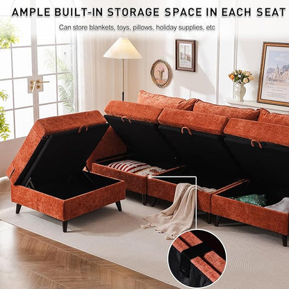 104'' Modular Sectional Sofa with All Seats Storage, Oversized U Shaped Couch for Living Room,3-Seater Comfy Cloud Couches with Movable Ottoman,Big Sectional for Bedroom,Velet,Orange