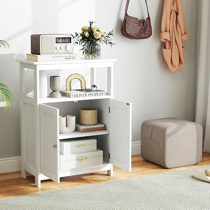 COSTWAY Bathroom Floor Storage Cabinet, Modern Wooden Freestanding Storage Organizer with 2 Doors, 3-Level Adjustable Shelf, for Entryway, Living Room, Kitchen (White)