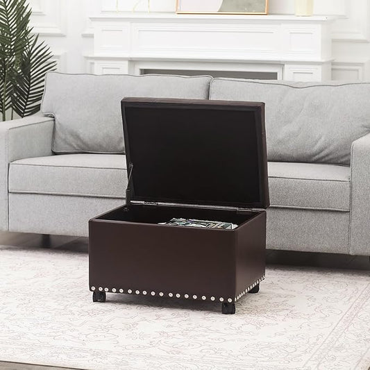 Joveco Leather Storage Ottoman with 360° Caster Wheels 24" Foot Rest Bench Rectangle Ottomans Stool for Living Room Bedroom (Brown, Wheels)