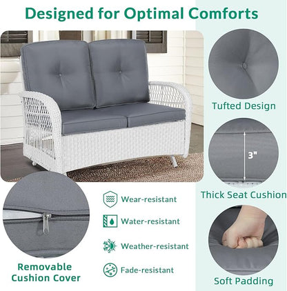 VIVIJASON 2-Piece Patio White Wicker Loveseat Glider Set Cushioned, Outdoor Conversation Furniture Sets with 2-Seater Glider Rocking Bench, Coffee Table and Cushions for Porch Garden Poolside, Grey