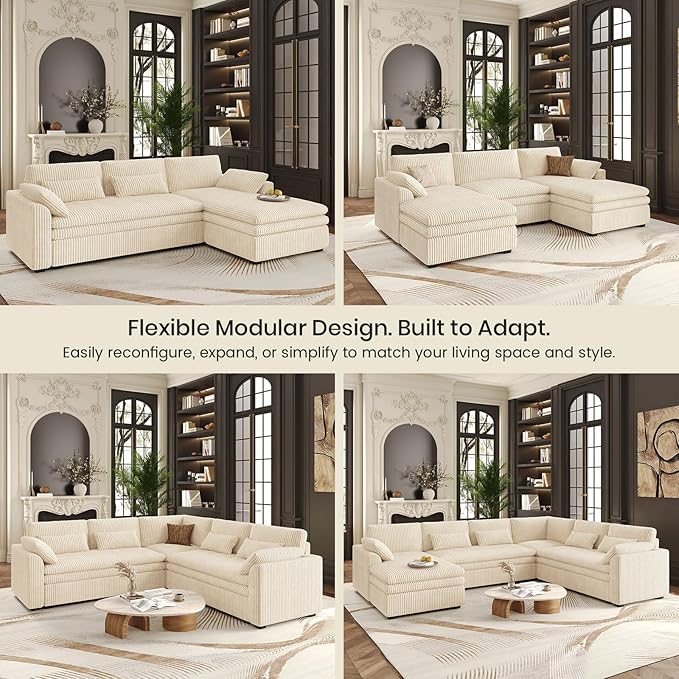 Belffin Large Modular Sectional Sofa with Double Deep Chaise, 135" Corduroy U Shaped Sectional Couch with 9" Soft Dual-Layer 6 Seats U Shaped Couch for Living Room, Apartment, Beige
