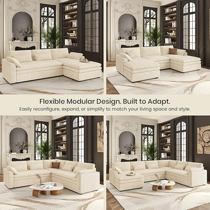 Belffin Large Modular Sectional Sofa with Double Deep Chaise, 135" Corduroy U Shaped Sectional Couch with 9" Soft Dual-Layer 6 Seats U Shaped Couch for Living Room, Apartment, Beige