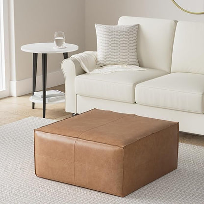SIMPLIHOME Brody 30-inch Wide Large Square Coffee Table Pouf in Distressed Brown, Vegan Faux Leather Ottoman, Footrest, or Extra Seating for Living Room, Assembled
