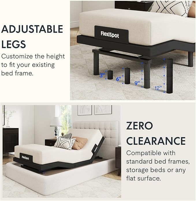 FLEXISPOT Adjustable Bed Frame Base Twin XL + 12" Cooling Gel Memory Foam Mattress, Massage, Head and Foot Incline, Zero Gravity, Zero Clearance, Under-Bed Lights, Anti-Snore, Wireless Remote
