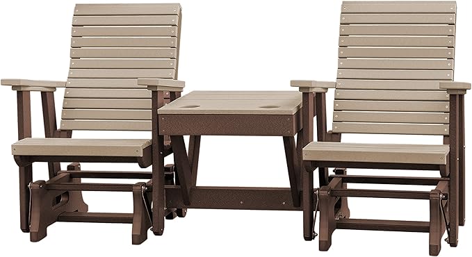 DutchCrafters Modern Horizontal Slat High Back Poly Double Glider Chairs with Center Table Outdoor Patio Furniture (Tudor Brown & Weatherwood)