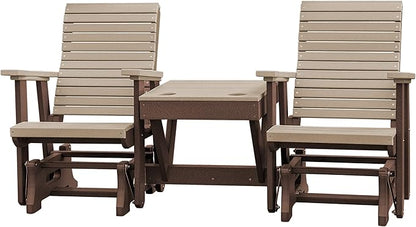 DutchCrafters Modern Horizontal Slat High Back Poly Double Glider Chairs with Center Table Outdoor Patio Furniture (Tudor Brown & Weatherwood)