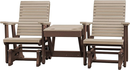 DutchCrafters Modern Horizontal Slat High Back Poly Double Glider Chairs with Center Table Outdoor Patio Furniture (Tudor Brown & Weatherwood)
