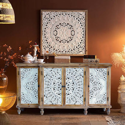 Accent Cabinet with 4 Doors, Hollow Carved Storage Sideboard, Wood Buffet Cabinet for Living Room, Dining Room, Entryway (4-Door 3 Compartment)
