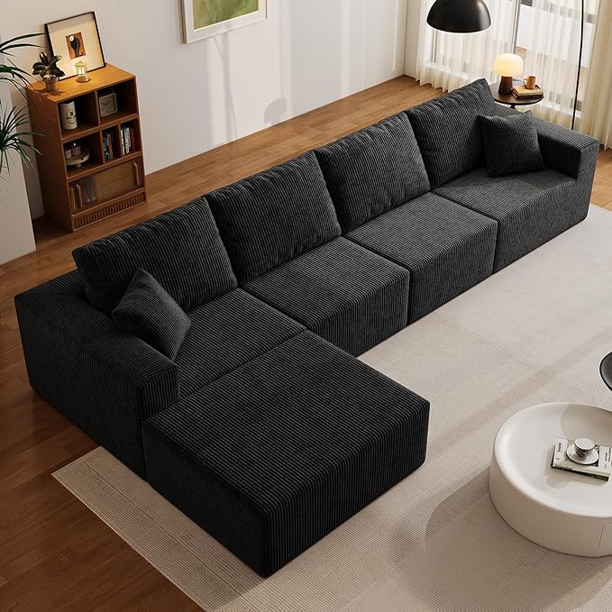 139" Boneless Cloud Sectional Couch for Living Room, Compressed Modular L-Shaped Sofa with Deep Seat, Frameless Corduroy Couch in Boxes, No Assembly Required 4-Seater (Right-Facing Chaise, Black)