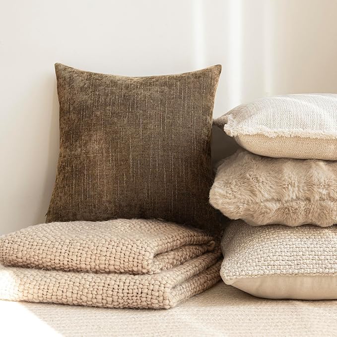 Foindtower Pack of 2 Soft Textured Chenille Throw Decorative Pillow Covers Square Accent Solid Cushion Cover Neutral Farmhouse Pillow Case for Couch Sofa Bedroom Living Room 16x16 Inch,Taupe Brown