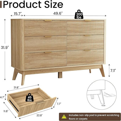 SUNWAVE 6 Drawer Dresser for Bedroom, 49.6" Wide Modern Fluted Dresser with Round Corner, Wood Chest of Drawers for Living Room