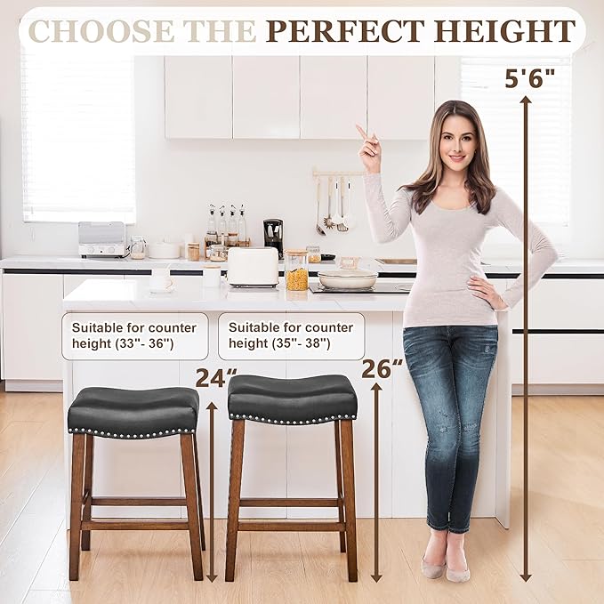 PrimeZone Counter Height Bar Stools Set of 6 - Backless Saddle Barstools with 4.3" Thick Upholstered, Nailhead Trim Faux Leather & Solid Wood Legs, 26 Inch Counter Stools for Kitchen Island, Black