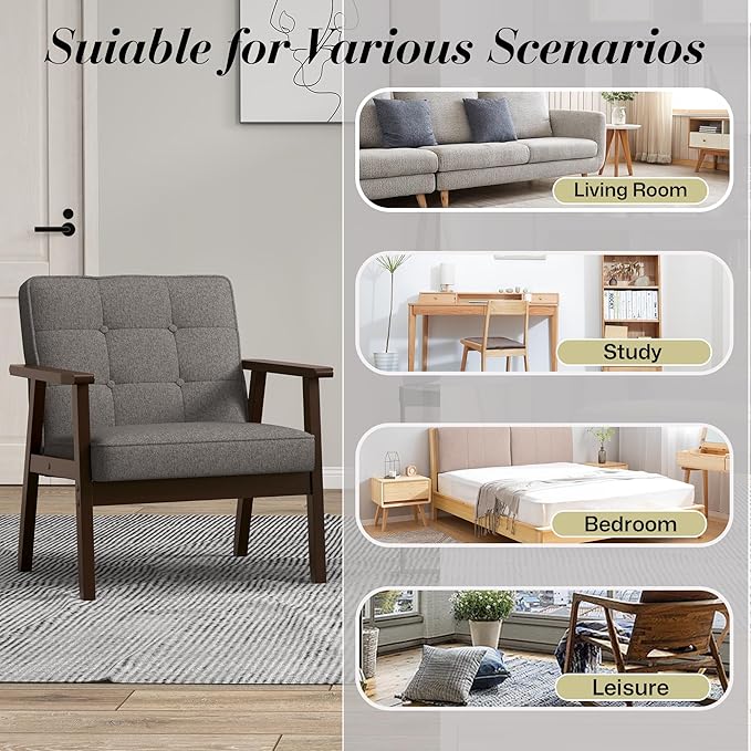KCC Mid-Century Modern Linen Fabric Accent Chair, Upholstered Tufted Leisure Chair Comfy Reading Side Chair with Armrest and Solid Wood Frame for Living Room Bedroom Balcony(Gray)