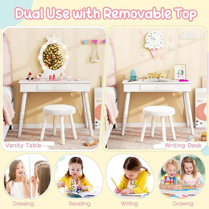 Costzon Kids Vanity, Girls Vanity Set with Mirror and Stool and Lights, Drawer, 2 in 1 Wooden Toddler Makeup Vanity Desk Dressing Table, Kids Vanity Table and Chair Set (White)