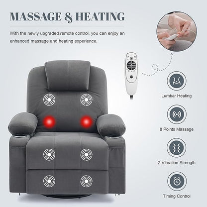Oversized Swivel Rocker Recliner Chair with Heat and Massage, Large Big Recliner Chair for Living Room, 360 Degree Swivel Rocking Single Sofa with Cup Holders and USB Port(Fabric, Dark Grey)