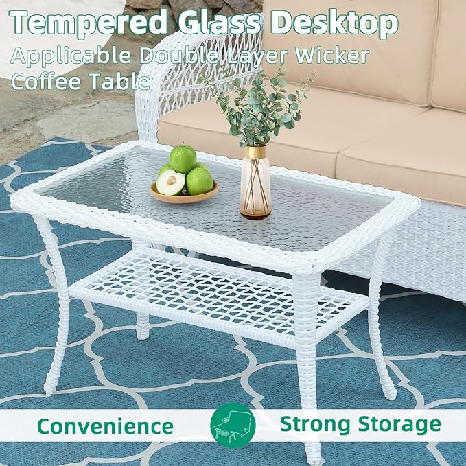 VIVIJASON 4-Piece Outdoor Patio White Wicker Conversation Sets, All Weather Rattan Furniture Set Includes Glider Loveseat, Coffee Table, 2 Glider Rocker Chairs w/Cushion for Lawn Balcony, Beige