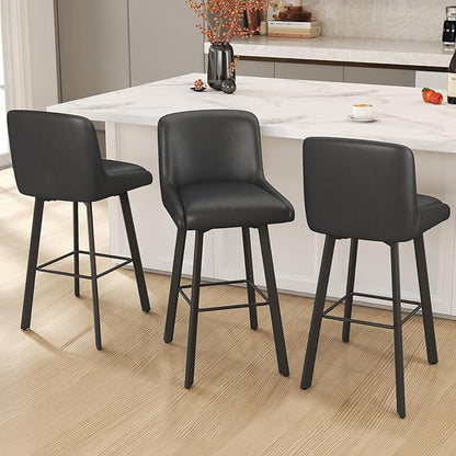 Swivel Bar Stools, 30''H Upholstered Barstools with Backs, Modern Counter Height Bar Stool Chairs for Kitchen Island, Metal Legs (Black- Faux Leather, Set of 3-30" H)