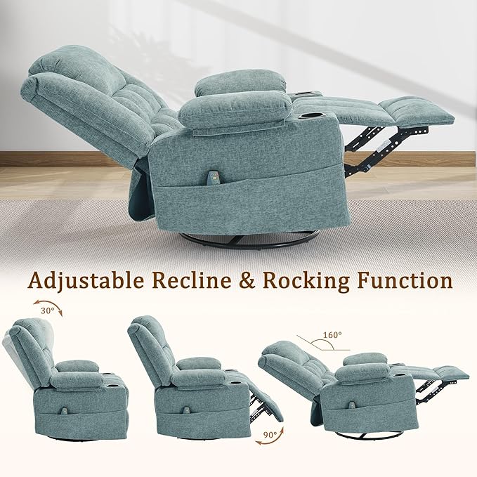 Adult 360° Swivel Rocking Recliner, Baby Room Glider Recliner with Massage and Heating, Rocking Chair with Cup Holder, Living Room and Bedroom Manual Chair (Fabric, Lake Blue)