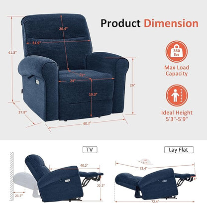 MCombo Dual Motor Power Lift Recliner Chair with Massage and Heat for Elderly, USB Ports, Lay Flat, Fabric 7666 (Navy Blue)