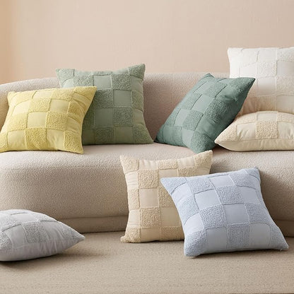 Double Stitch 100% Cotton Throw Pillow Covers - Checkered Tufted Boho Decorative Pillow Covers 20x20, Made in India, Square Cushion Case, Modern Home Decor for Couch, Sofa, Living Room, Winter Sky