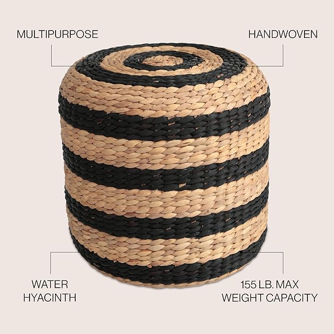 JONATHAN Y TBL2501A Aimee 15.7" Modern Minimalist Alternating Hand-Woven Hyacinth Ottoman for Living Room, Bedroom, Entryway, Foyer, Natural Seagrass Foot Stool, Handwoven Footrest, Natural/Black