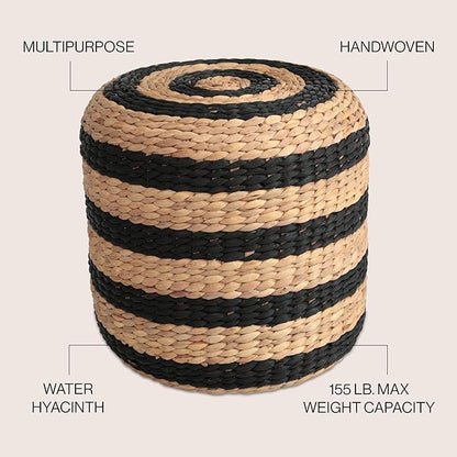 JONATHAN Y TBL2501A Aimee 15.7" Modern Minimalist Alternating Hand-Woven Hyacinth Ottoman for Living Room, Bedroom, Entryway, Foyer, Natural Seagrass Foot Stool, Handwoven Footrest, Natural/Black
