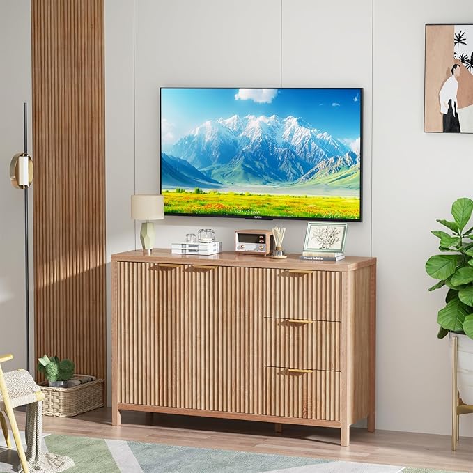 Fluted Sideboard Buffet Cabinet, 46.5" Modern Storage Cabinet with 2 Doors & 3 Drawers, Sideboard Console Table for Entryway,Living Room,Kitchen,Dinning Room-Natural Oak