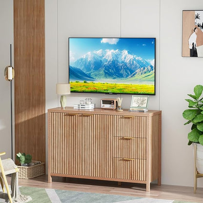 Fluted Sideboard Buffet Cabinet, 46.5" Modern Storage Cabinet with 2 Doors & 3 Drawers, Sideboard Console Table for Entryway,Living Room,Kitchen,Dinning Room-Natural Oak