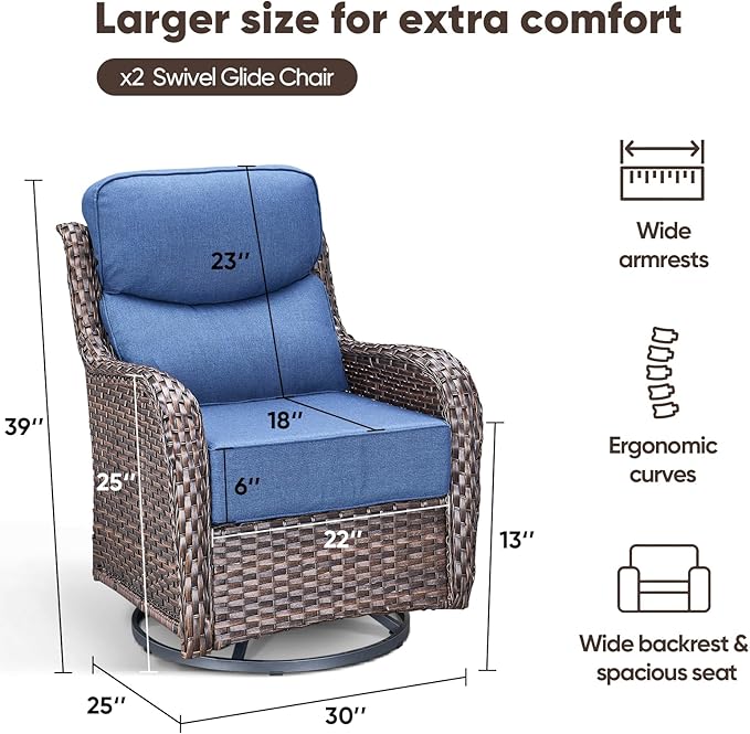 Swivel Patio Chairs Set of 3 with 6" Thick Cushion - Wicker Outdoor Swivel Rocker Patio Chairs with Side Table, High Back Comfortable Outdoor Glider Chairs - Brown Wicker Blue Cushion