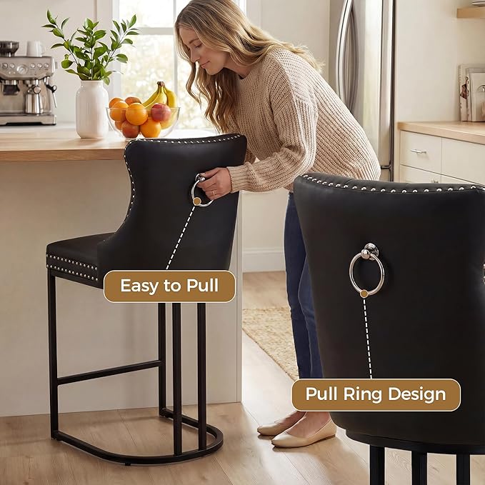 Counter Height Bar Stools Set of 3 for Kitchen Island, Modern Bar Stools with Backs, 26 Inch Barstools with Upholstered Faux Leather Seat and Metal Frame, Black