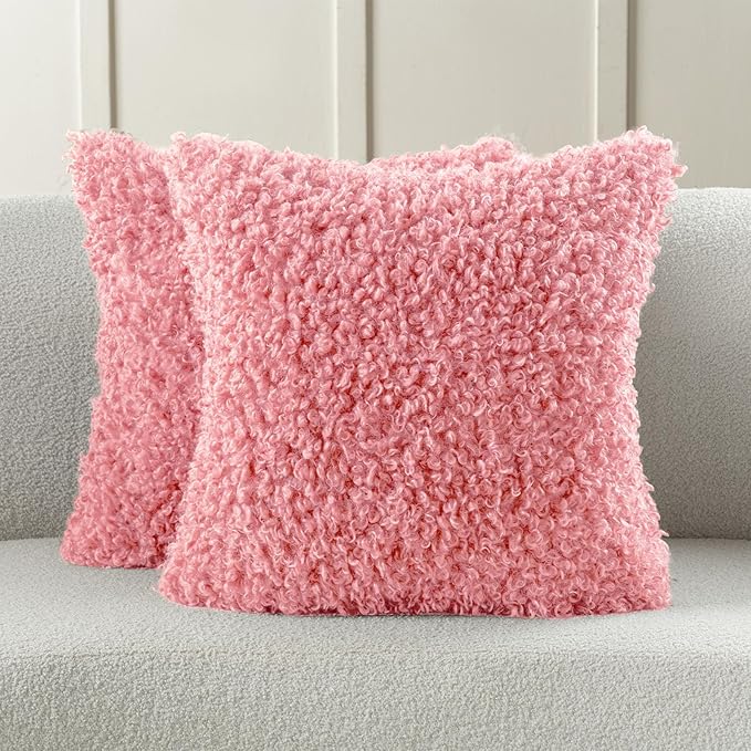 FUTEI Pink Decorative Throw Pillow Covers 26x26 Inch Set of 2,Soft Fluffy Faux Wool Fur Boucle Textured Pillow Shams,Modern Home Decor for Couch Bed Living Room Office
