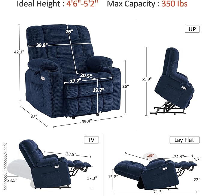 MCombo Dual Motor Power Lift Recliner Chair for Elderly, Lay Flat Lift Chair with Heat and Massage, Petite Wide Lift Chair, Cup Holders, USB A&C Ports, Fabric R7894 (Small-Wide, Navy Blue)
