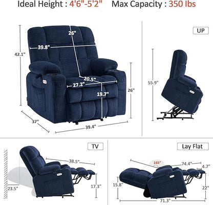 MCombo Dual Motor Power Lift Recliner Chair for Elderly, Lay Flat Lift Chair with Heat and Massage, Petite Wide Lift Chair, Cup Holders, USB A&C Ports, Fabric R7894 (Small-Wide, Navy Blue)