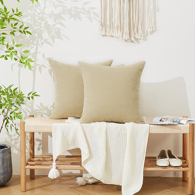 GAWAMAY Decorative Square Throw Pillow Covers 22x22 Inch Set of 2, Super Soft Chenille Pillows Farmhouse Fall Pillowcase for Living Room Bedroom Sofa Couch Cushion Cover Khaki 55x55cm (No Insert)