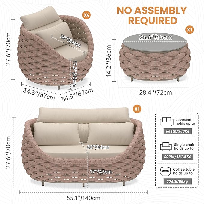 Aluminum Deck Outdoor Furniture Set: 6 Pieces Rope Patio Conversation Sofa Set - Modern Woven Porch Couch Set Cushioned - No Assembly All Weather for 660lbs Yard Garden Lanai Hotel, Terracotta
