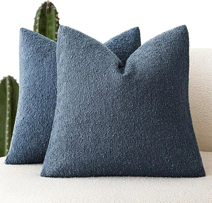 Foindtower Set of 2, Decorative Textured Boucle Throw Pillow Covers Accent Solid Pillow Cases Neutral Couch Cushion Case for Chair Sofa Bedroom Living Room Home Decor 24x24 Inch Dark Blue