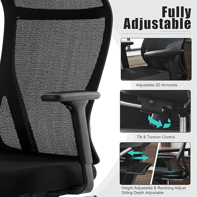 Okeysen High Back Ergonomic Mesh Office Chair, Adjustable Swivel Computer Desk Chair with Padded Seat, Armrests, and S-Shaped Lumbar Support for Home Office