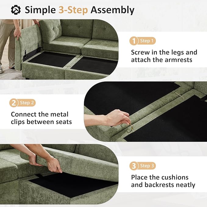 VANOMi 4 Seat Cloud Couches for Living Room with Ottoman, 118" Modular Sectional Sofas & Couches, Cozy Chenille Cloud Sectional Couch Sofa for Apartment, Office, Olive Green, L Shaped