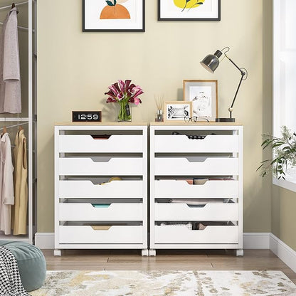Tribesigns 5 Drawer Chest, Wood Storage Dresser Cabinet with Wheels, Industrial Storage Drawer Organizer Cart for Office Bedroom Entryway (White, 1 PC)