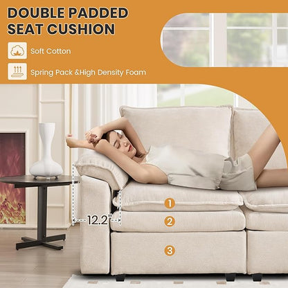 130" U Shaped Modular Sectional Sofa, Couch with Ottoman Storage, Chenille Cloud Couch with Plush Deep Seating for Living Room, Bedroom (7 Seat, Beige)