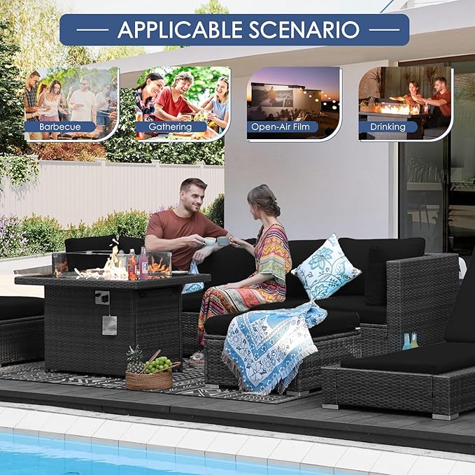 NICESOUL 9 Piece Extra Large Outdoor Patio Furniture Conversation Set with Fire Pit Natural Gas/Propane, 29.3'' High Back Modular Deep Seat Sectional Sofa Set for Outside, 2 Color Cushion Black&Gray