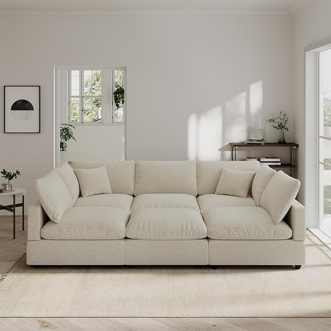 Linen Modular Sectional Sofa Cloud Couch for Living Room,Sleeper Sofa Bed,95.4 Inch Couches Cushion Covers Removable,Cozy Feather Down Sofa for Apartment Beige