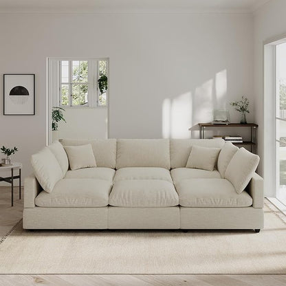 Linen Modular Sectional Sofa Cloud Couch for Living Room,Sleeper Sofa Bed,95.4 Inch Couches Cushion Covers Removable,Cozy Feather Down Sofa for Apartment Beige