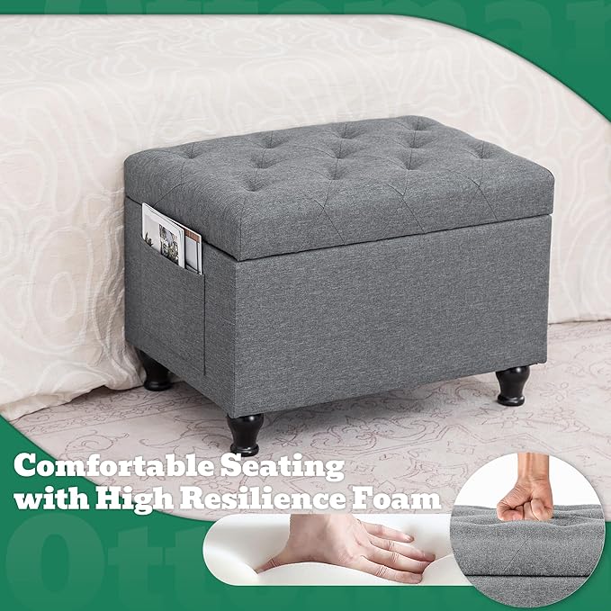Ottoman with Storage 24'' Storage Ottomans Linen Fabric Ottoman Footstools Small Upholstered Foot Rest Stool for Couch, Living Room, Bedroom, Entrance Shoe Bench Light Grey
