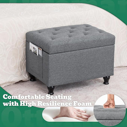 Ottoman with Storage 24'' Storage Ottomans Linen Fabric Ottoman Footstools Small Upholstered Foot Rest Stool for Couch, Living Room, Bedroom, Entrance Shoe Bench Light Grey