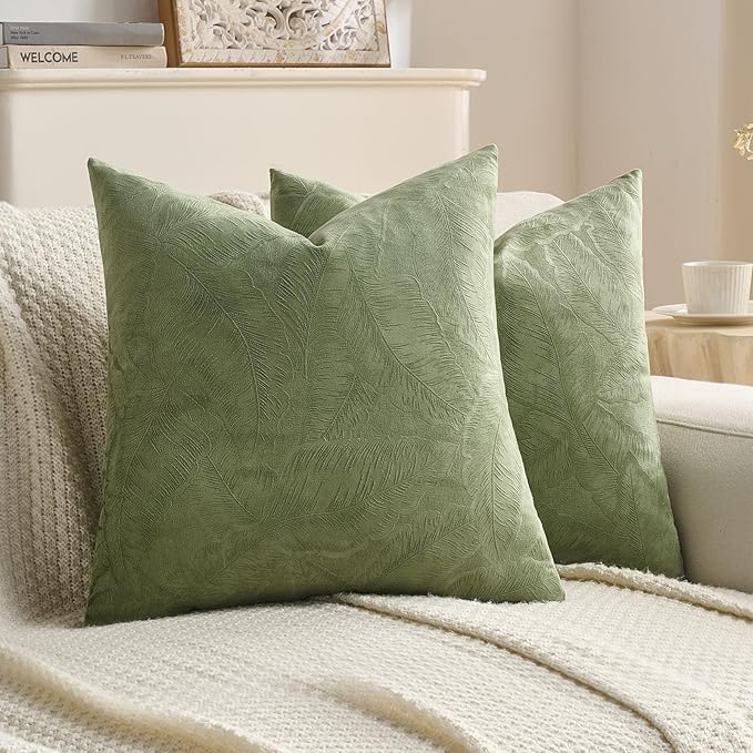 FUTEI Sage Green Velvet Throw Pillow Covers 24x24 Inch Set of 2,Soft Embossed Leaf-Relief Textured European Cushion Cases,Natural Home Decor for Couch Living Room