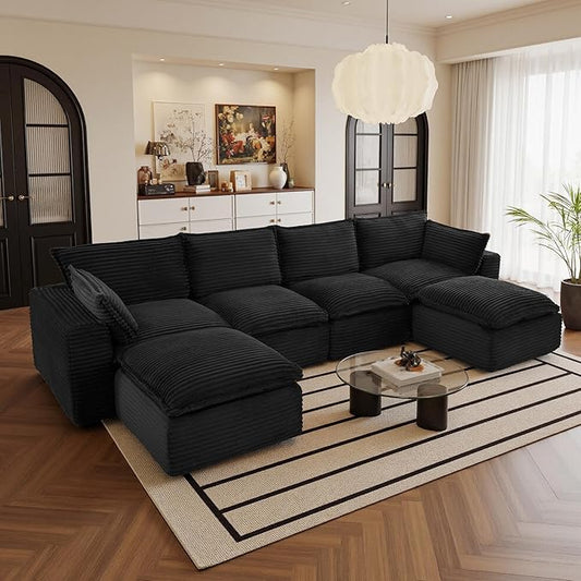 108" Sectional Couches for Living Room Boneless Couch Upholstered Cloud Couch Sectional Modular Sectional Sofa with L Shaped (Corduroy-Black, 4 Seat+2 Ottoman)