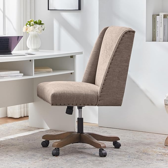 Upholstered Armless Office Chair with Wooden Legs, Modern Adjustable Home Office Desk Chair Computer Chair Swivel Chair for Home Office Study Studio (Brown)