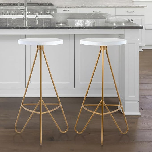 JONATHAN Y BSL1002B Trinity 30" Modern Industiral Iron Tripod Backless Bar Stool for Home, Kitchen, Dining Room, Workspaces, Cafes and Resturants, White Seat with Gold Frame
